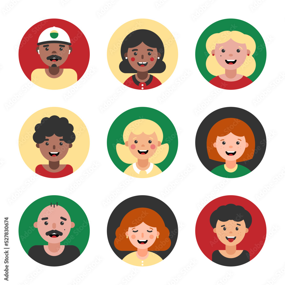 Set, collection of avatars, portraits, profile pictures with diverse people. Set of round icons with girls, boys, men, women for family, group of people, social media design.