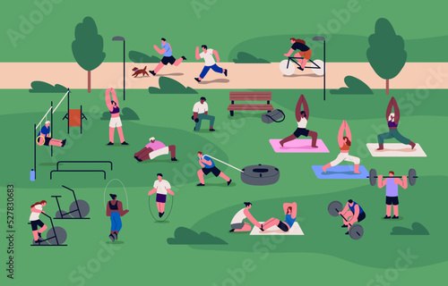 Street workout park. People training, doing different exercises, physical cardio and strength activities outdoors at wellness sport ground with facilities, fitness equipment. Flat vector illustration
