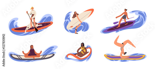 People with sup boards in water, summer sport. Characters float with paddles, stand and sit on supboards, swimming with surfboard. Flat graphic vector illustrations isolated on white background