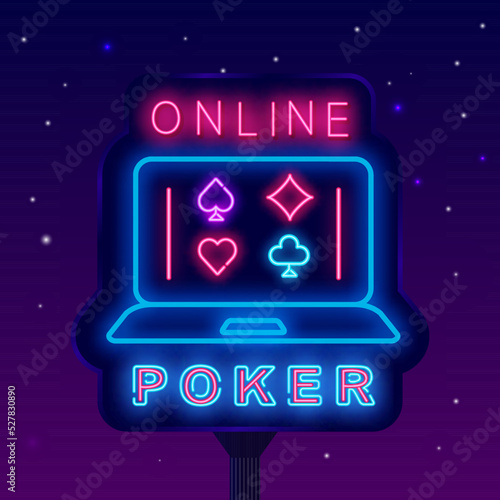 Online poker neon street billboard. Shiny advertising. Internet gambling game. Vector stock illustration