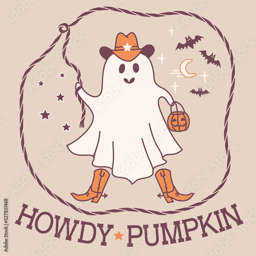 Halloween cute grost cowboy color illustration. Vector halloween ghost in cowboy hat and lasso holiday text Howdy pumpkin text for print or design.
