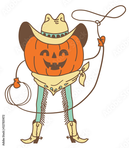 Pumpkin cowboy rodeo vector printable color illustration. Halloween pumpkin wearing cowboy hat and cowboy boots holds lasso isolated on white background.