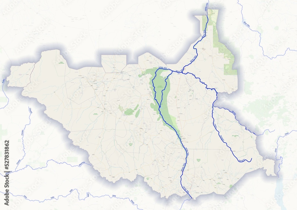 South Sudan physical map with important rivers the capital and big cities
