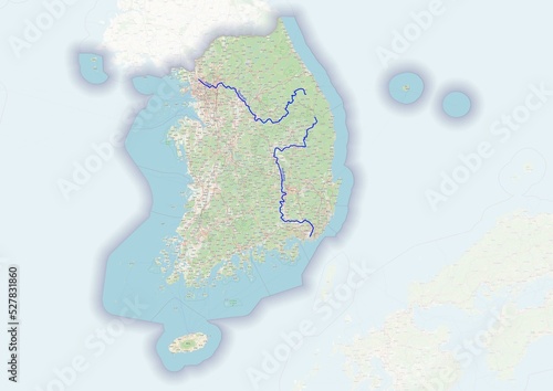 Photography South Korea physical map with important rivers the capital and big cities