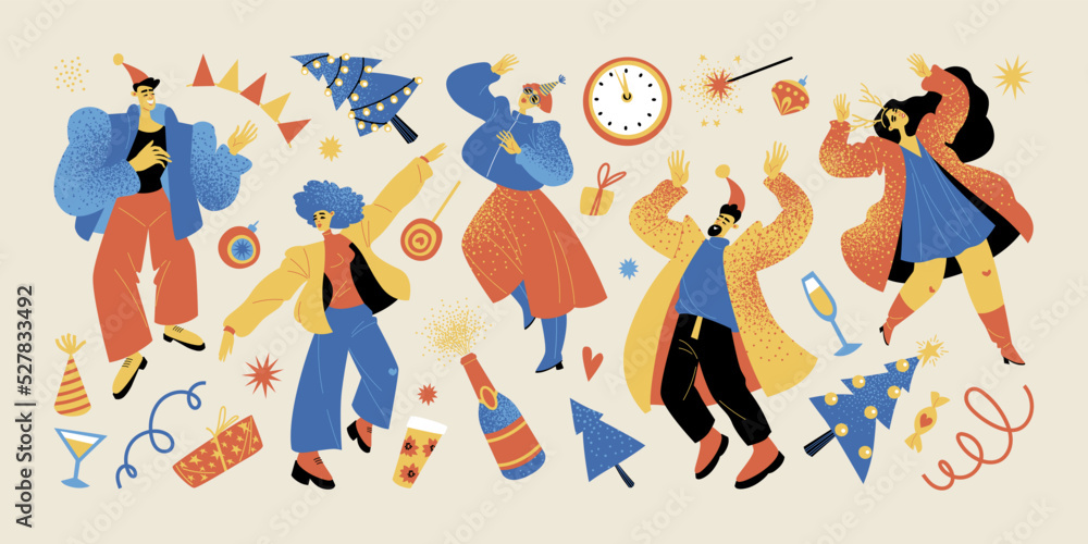 New Year party collection with funny dancing characters, Christmas trees, sparkling wine, gifts and confetti New Year party collection with funny dancing characters, Christmas trees, sparkling wine, gifts and confetti