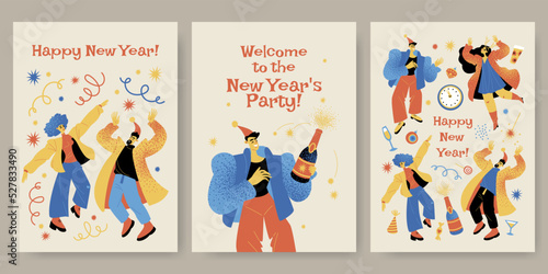 Collection of greeting cards for the New Year with cheerful dancing people. New Year party flyers with funny characters, sparkling wine and confetti