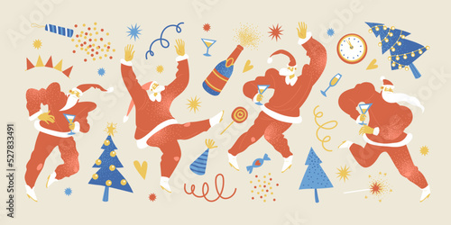 New Year's party collection with funny dancing Santas, Christmas trees, sparkling wine and confetti.
