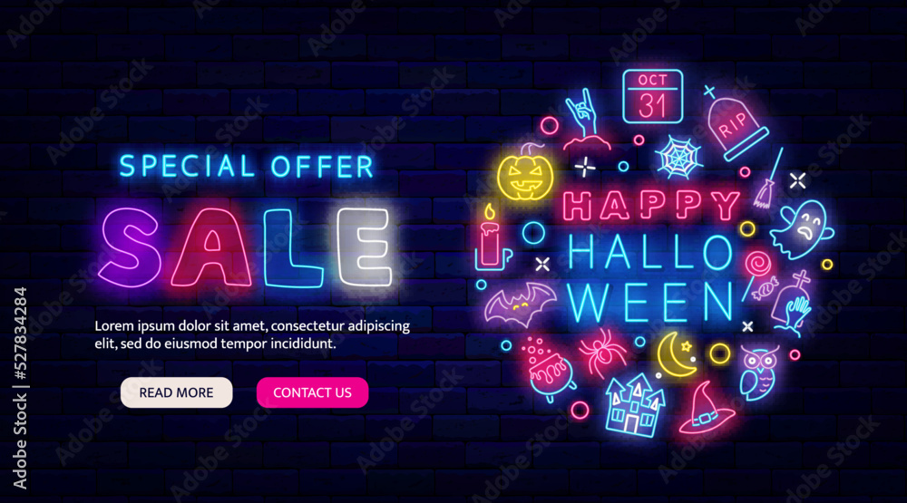 Happy Halloween neon flyer promotion. Special offer sale banner. Circle layout with icons. Vector illustration Happy Halloween neon flyer promotion. Special offer sale banner. Circle layout with icons. Vector illustration