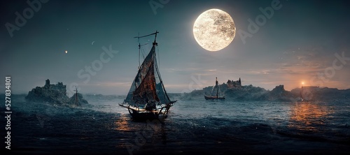 Fotografia, Obraz Spectacular digital art 3D illustration of a nighttime scene with a medieval fantasy sailboat, schooner sailing along the coast with docks and lighthouses, and a bright moon in the sky