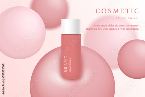 Pink cosmetic 3d background with drop of liquid bubble.