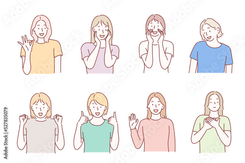 Beautiful woman portrait with different facial expressions set isolated on white background. Young girl smiling, happy, kind, greeting emotion face vector character.Hand drawn style vector design.