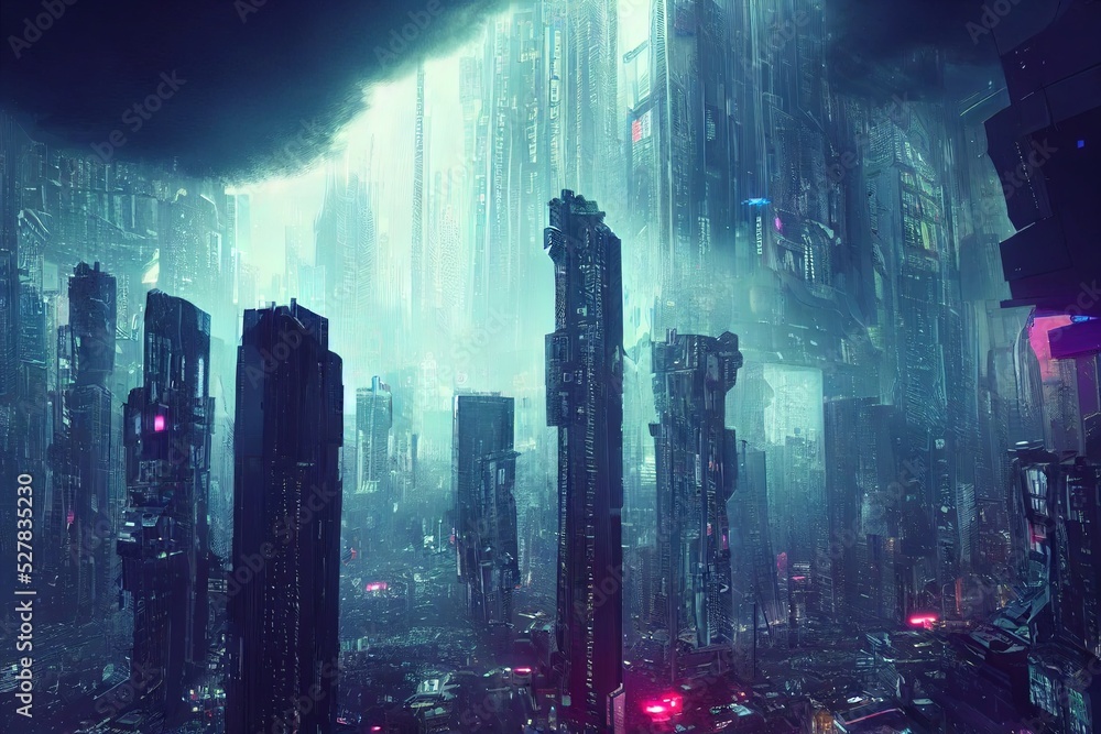 Aerial view of a cyberpunk city. Skyscrapers view, at night on a rainy ...