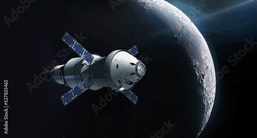Orion spaceship near Moon surface. Artemis space mission. Spacecraft in deep space. Astronauts on Moon orbit. Elements of this image furnished by NASA