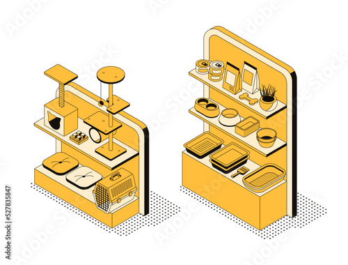 Vector isometric illustration, pet store showcase with goods. Collection of 3d objects on the theme of animal care. Pet carrier, scratching post, food for cats and dogs, bowls and other accessories