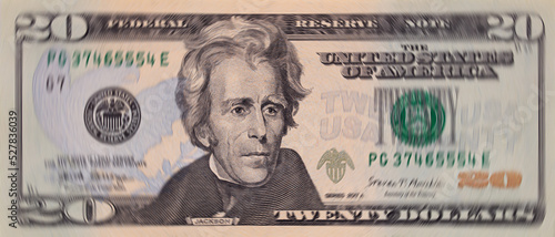 Closeup of front side of 20 dollar banknote