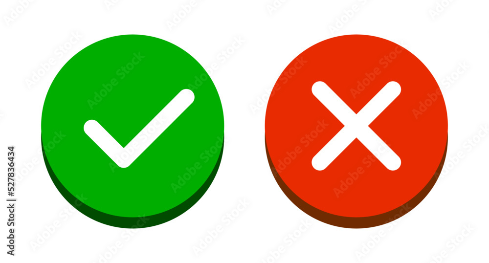Check mark and cross mark button icon set. Success or failure. Good or bad signal. Vector. Check mark and cross mark button icon set. Success or failure. Good or bad signal. Vector.