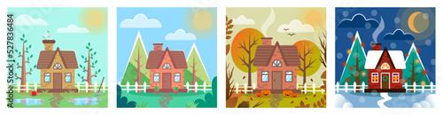 4 seasons house flat design set vector illustration. Spring, summer, autumn and winter. Four seasonal rural landscapes. Small country house. 