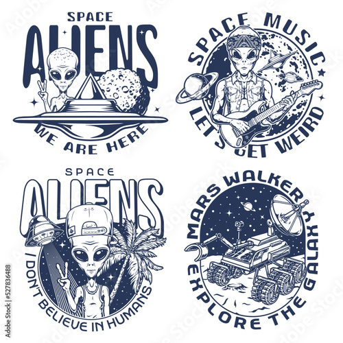 Space alien set colorful emblems