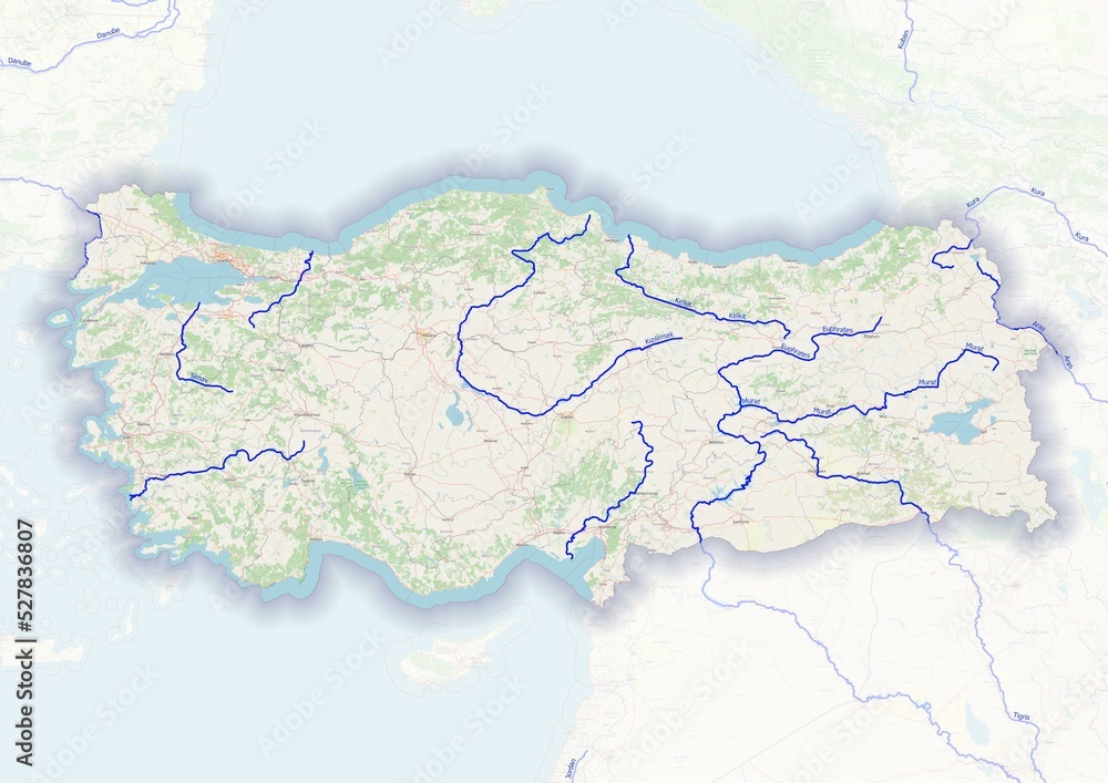 Turkey physical map with important rivers the capital and big cities