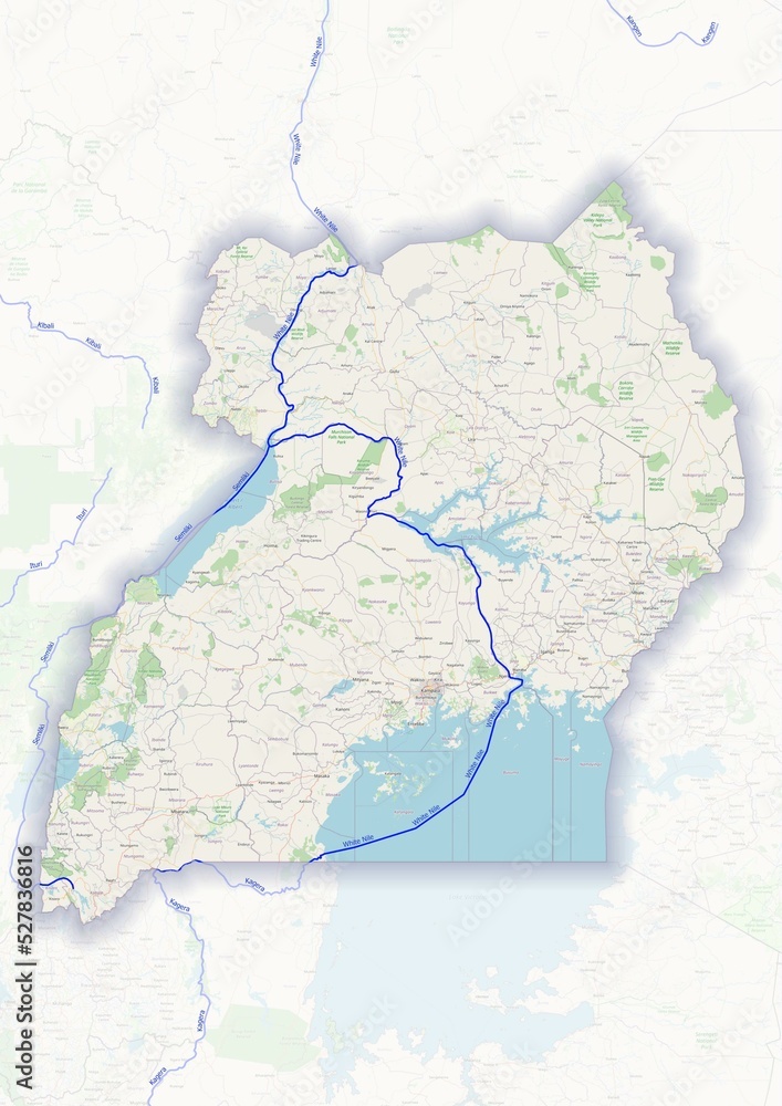 Uganda physical map with important rivers the capital and big cities