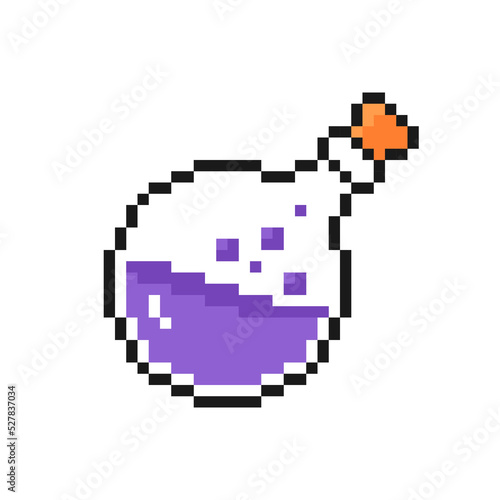 Potion Halloween icon in pixel art design isolated on white background, poison cartoon bottle vector sign symbol.