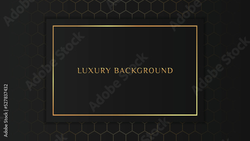 Elegant luxury dark background with golden premium frame and honeycomb hexagon layers