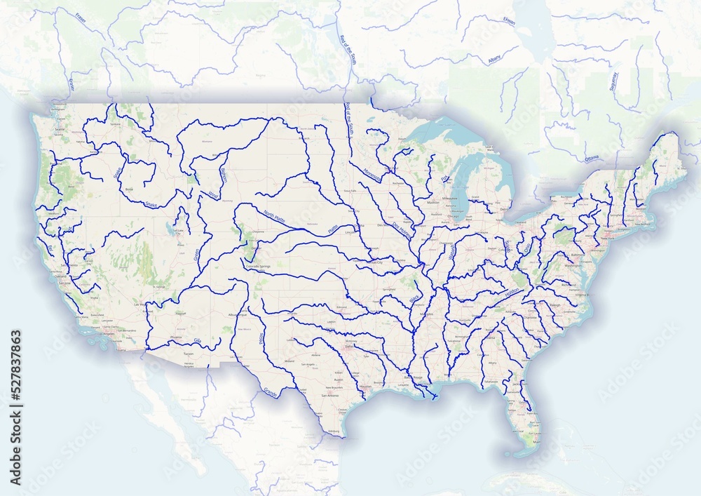 Naklejka premium United States of America physical map with important rivers the capital and big cities