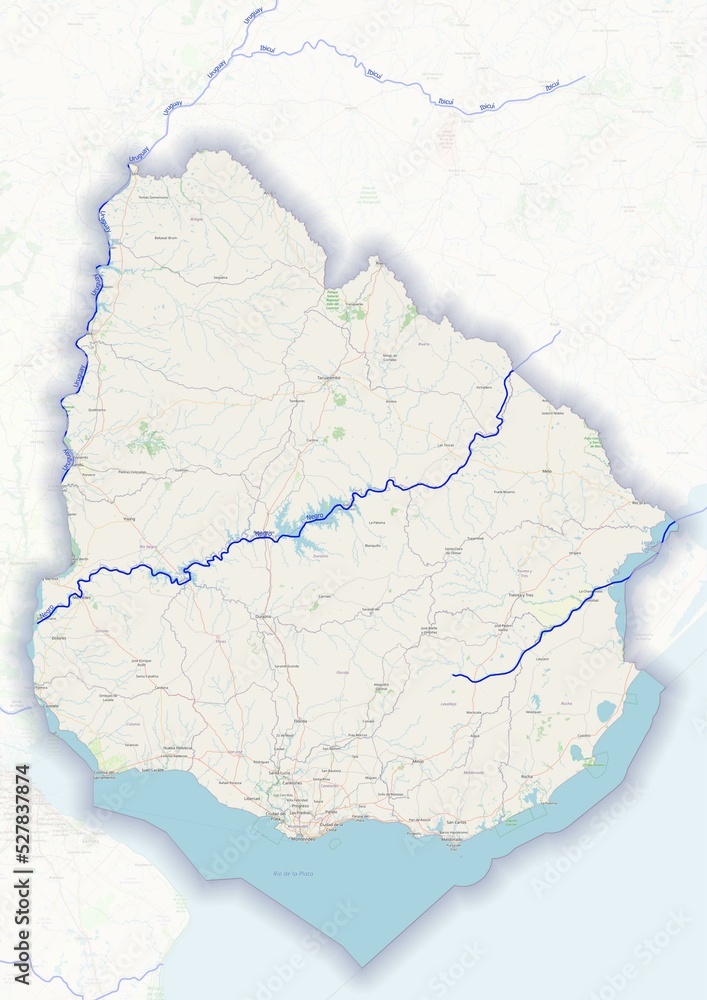 Uruguay physical map with important rivers the capital and big cities ...