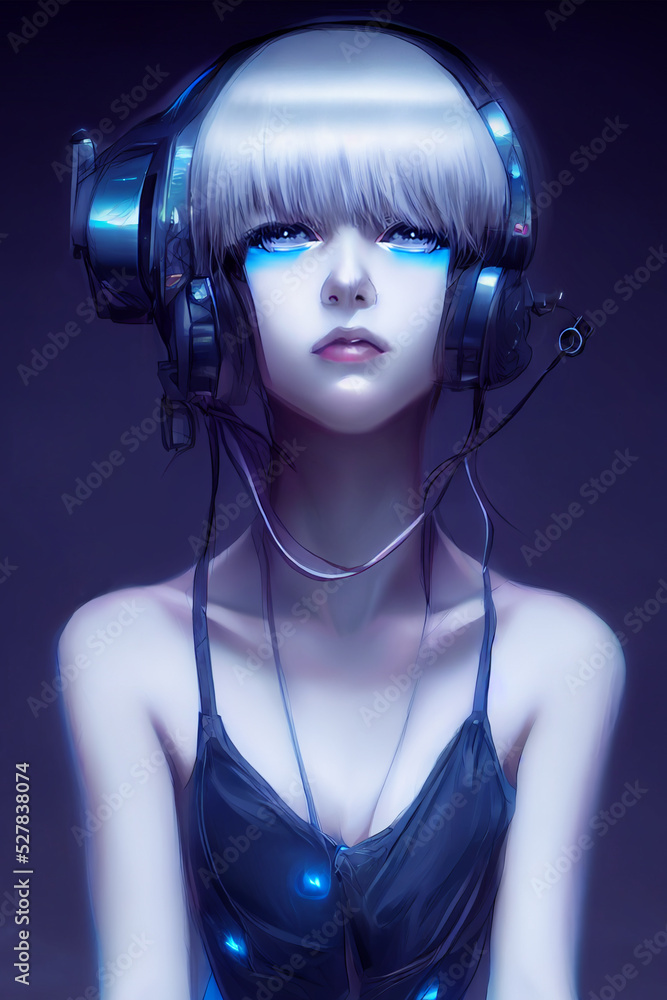 futuristic anime cyber girl portrait with headphones, digital art Stock  Illustration | Adobe Stock