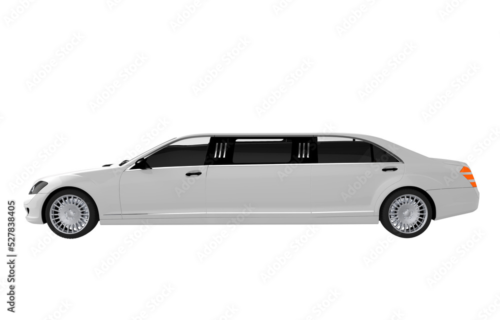 White Limo Side View PNG 3D Render Illustration. White Limousine.