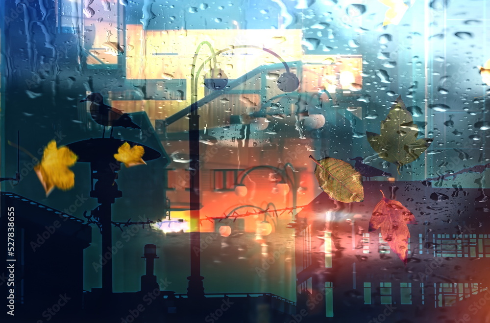 night city rain blurred light car traffic and shop vitrines window glass reflection rainy drops Autumn leaves 
