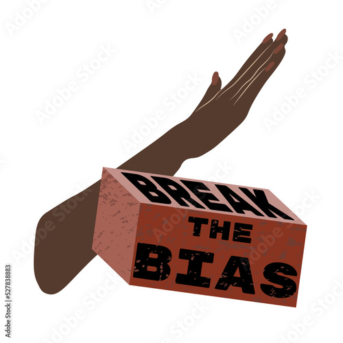Break the bias icon. Dark skinned hand raised to break the brick with text. Women's gesture against discrimination. Vector illustration in flat style isolated on white background