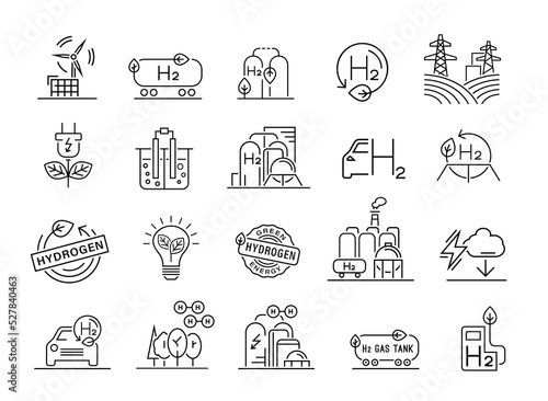 Green hydrogen production. Icons collection in black color