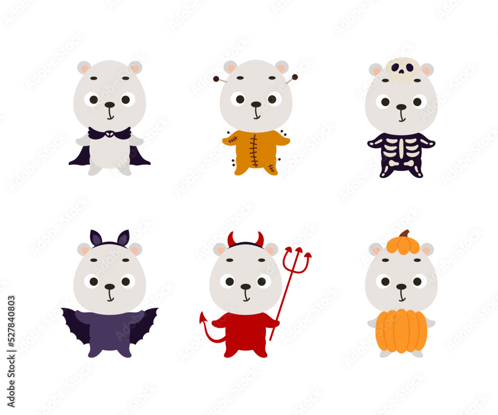Cute Halloween polar bear set. Cartoon animal character collection for kids t-shirts, nursery decoration, baby shower, greeting card, invitation. Vector stock illustration