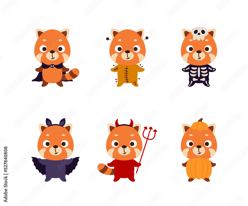 Cute Halloween red panda set. Cartoon animal character collection for kids t-shirts, nursery decoration, baby shower, greeting card, invitation. Vector stock illustration