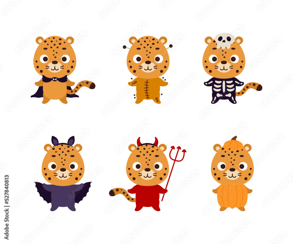 Cute Halloween cheetah set. Cartoon animal character collection for kids t-shirts, nursery decoration, baby shower, greeting card, invitation. Vector stock illustration Cute Halloween cheetah set. Cartoon animal character collection for kids t-shirts, nursery decoration, baby shower, greeting card, invitation. Vector stock illustration