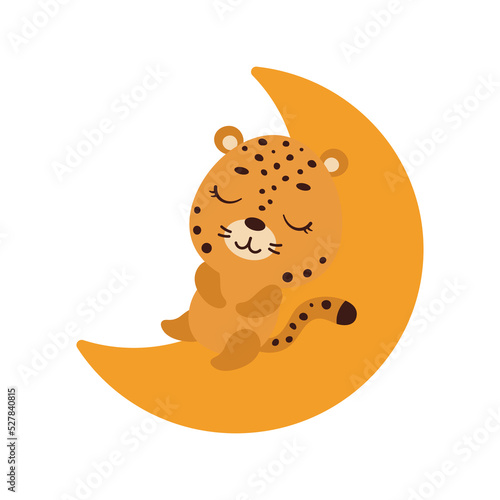 Cute little jaguar sleeping on moon. Cartoon animal character for kids t-shirt, nursery decoration, baby shower, greeting cards, invitations, house interior. Vector stock illustration