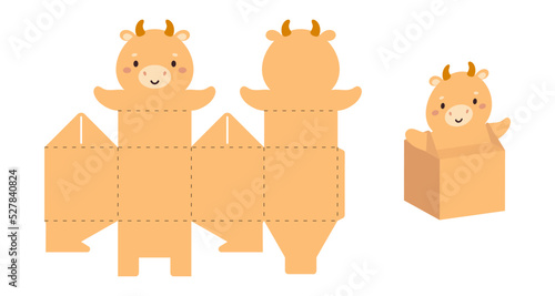 Simple packaging favor box cow design for sweets, candies, small presents. Party package template for any purposes, birthday, baby shower. Print, cut out, fold, glue. Vector stock illustration