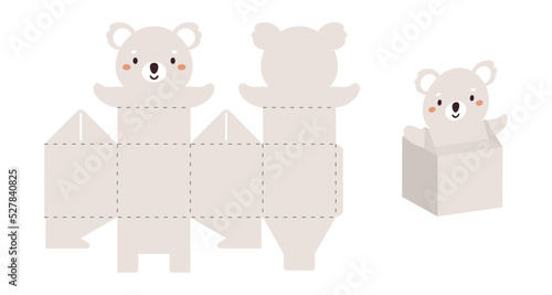 Simple packaging favor box koala design for sweets, candies, small presents. Party package template for any purposes, birthday, baby shower. Print, cut out, fold, glue. Vector stock illustration