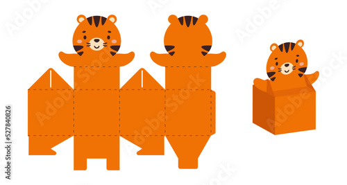 Simple packaging favor box tiger design for sweets, candies, small presents. Party package template for any purposes, birthday, baby shower. Print, cut out, fold, glue. Vector stock illustration