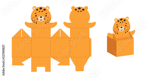 Simple packaging favor box cheetah design for sweets, candies, small presents. Party package template for any purposes, birthday, baby shower. Print, cut out, fold, glue. Vector stock illustration
