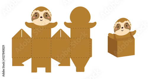Simple packaging favor box sloth design for sweets, candies, small presents. Party package template for any purposes, birthday, baby shower. Print, cut out, fold, glue. Vector stock illustration