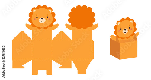 Simple packaging favor box lion design for sweets, candies, small presents. Party package template for any purposes, birthday, baby shower. Print, cut out, fold, glue. Vector stock illustration