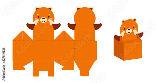 Simple packaging favor box red panda design for sweets, candies, small presents. Party package template for any purposes, birthday, baby shower. Print, cut out, fold, glue. Vector stock illustration