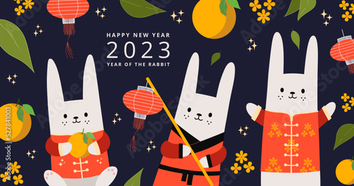 Chinese New Year 2023 banner design. Happy Chinese new year. Traditional design. Year of the rabbit. Happy new year