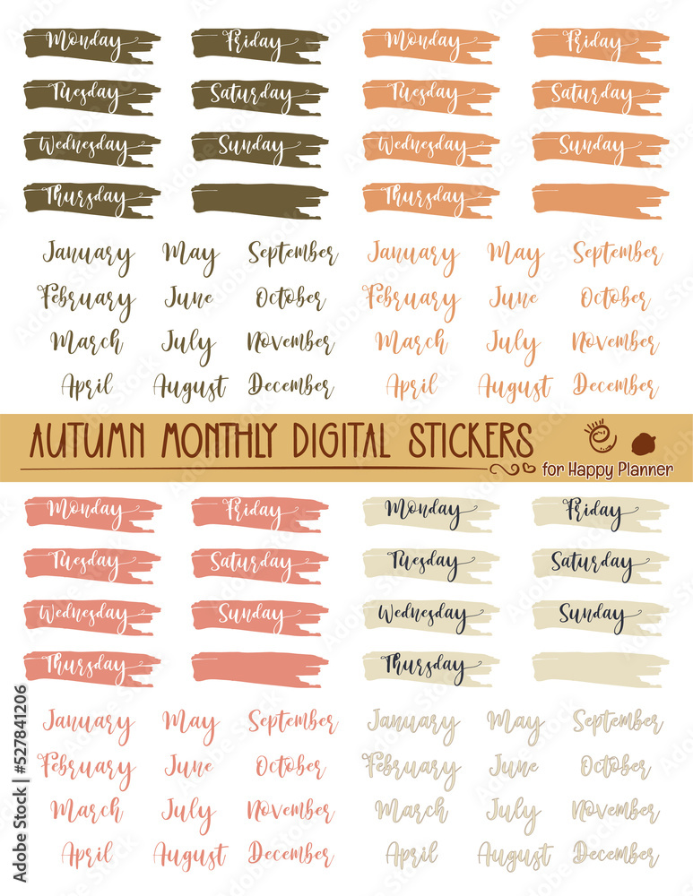 Autumn stickers set. Cute planner stickers. Organizer tags, Autumn colors Boho calendar icons. Check, days months label. Notebook stamps doodle, memo schedule sticker tag. PNG transparent background. - obrazy, fototapety, plakaty 