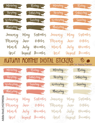 Autumn stickers set. Cute planner stickers. Organizer tags, Autumn colors Boho calendar icons. Check, days months label. Notebook stamps doodle, memo schedule sticker tag. PNG transparent background.