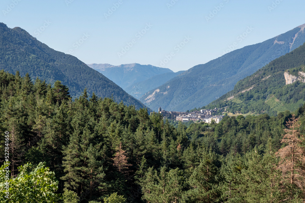 Spanish town of Torla in the Aragonese Pyrenees surrounded by forests