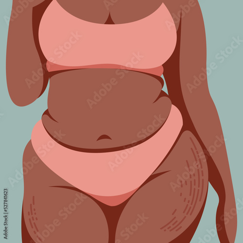 vector image on the theme of body positivity. a curvy plump girl in pink lingerie is not shy about fat folds on her body. isolated on turquoise background. love and accept your body. love yourself. 