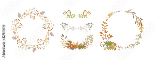Autumn wreaths and design elements. Fall. Hand drawn leaves, plants, branches. Good for Thanksgiving greeting cards, invitations, flyers and other graphic design. Vector illustration
